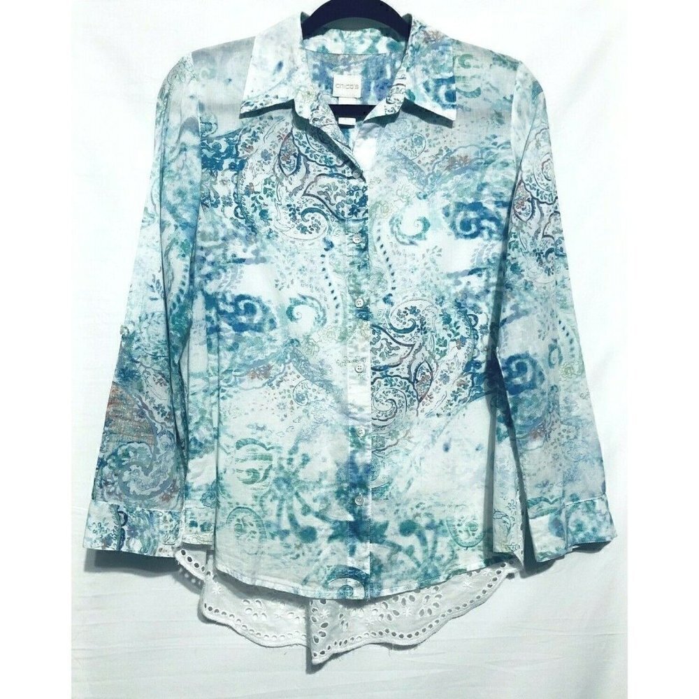 Chicos Womens Small Paisley Button Up Blouse Eyelet Back Roll Tab Sleeves